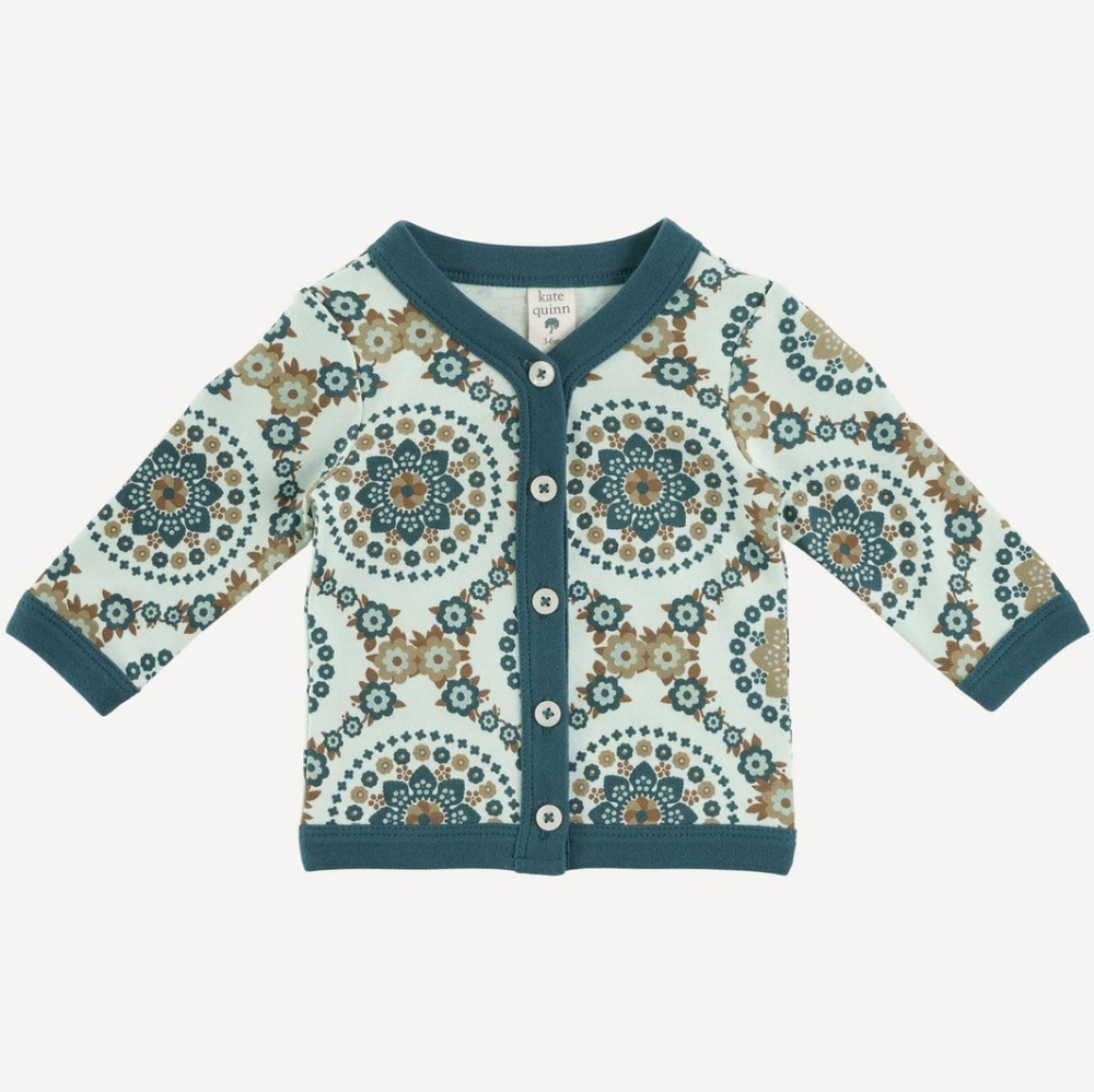 NWT 2T Kate Quinn Long Sleeve Classic V-neck Cardigan 70s Blue Floral Wallpaper